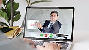 Video conference, Work from home, Asian man making video call to business team with virtual web, Contacting asia colleague by