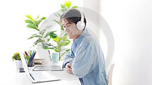 Video conference, Work from home, Asian man making video call to business team with virtual web, Contacting colleague by