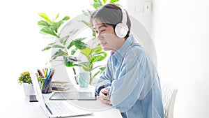 Video conference, Work from home, Asian man making video call to business team with virtual web, Contacting colleague by
