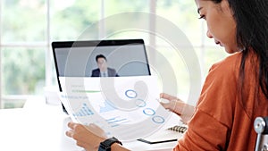 Video conference, Work from home, Asian man and woman making video call to business team with virtual web, Contacting asia