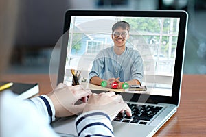 Video conference, Work from home, Asian man and woman making video call to business team with virtual web, Contacting asia