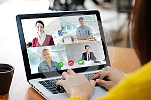 Video conference, Work from home, Asian man and woman making video call to business team with virtual web, Contacting asia