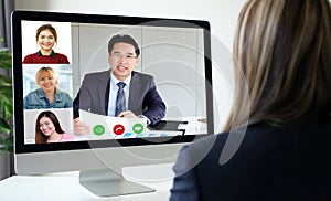 Video conference, Work from home, Asian woman making video call to business team with virtual web, Contacting asia colleague by