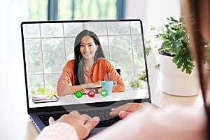 Video conference, Work from home, Asian woman making video call to business team with virtual web, Contacting asia colleague by