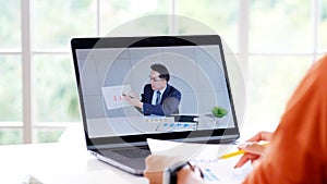 Video conference, Work from home, Asian woman making video call to business team with virtual web, Contacting asia colleague by