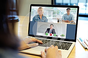 Video conference, Work from home, Brainstorm planing teamwork, Asian business team making video call by virtual web, Group of asia