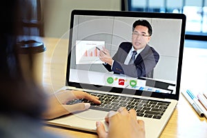 Video conference, Work from home, Businessman making video call to employee with virtual web, Contacting manager by conference on