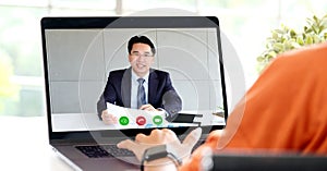 Video conference, Work from home, Businessman making video call to employee with virtual web, Contacting manager by conference on