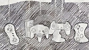 Video Console Game Controllers in Pencil Drawing Style