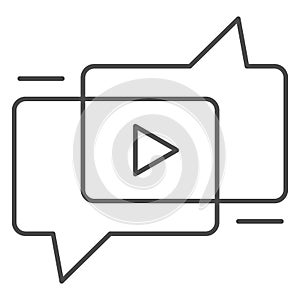 Video content discussion with chat bubble thin line icon. Blogging symbol, outline style pictogram on white background