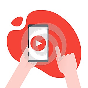 Video content marketing concept. Businessman holds smartphone with play button for reach business, online learning and training,