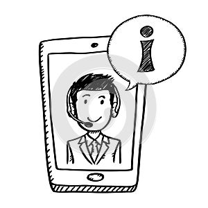 Video conversation with customer service employee on mobile screen. Cartoon style black and white doodle of mobile phone.