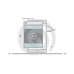 Video design concept player or tutorial in the mobile device interface, designed in a linear style. Vector illustration