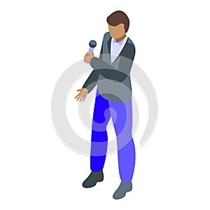 Video desk man icon isometric vector. News reporter