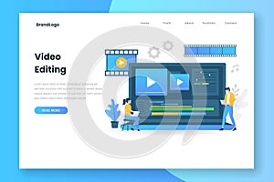 Video editing illustration landing page with laptop