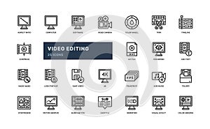 video editing for movie cinema film production detailed outline line icon set