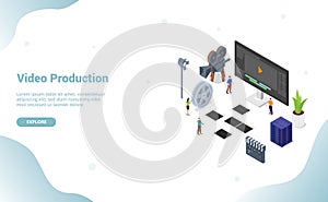 Video editing production concept with team people and editor with modern isometric flat style for website template or landing