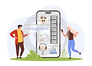 Video editing software app in mobile phone, tiny people edit film on smartphone screen