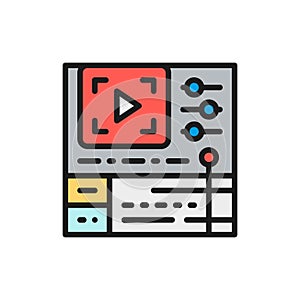 Video editing software, cinema production flat color line icon.