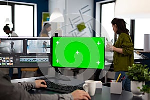 Video editor using computer with chroma key, mock up isolated display