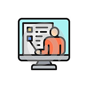 Video education, webinar, web conference, online support flat color line icon.