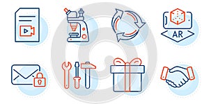 Video file, Employees handshake and Secure mail icons set. Gift box, Recycle and Spanner tool signs. Vector