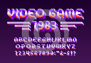 Video Game 1983 alphabet font. 3D pixel digital letters and numbers.