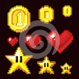 Video game 8 bit assets isolated. Coin, star and heart pixel retro icons in different size