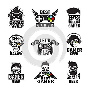 Video game badges. Joystick console controller for gaming geek vector labels