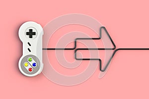Video game console GamePad. Gaming concept. Top view retro joystick with arrow symbol isolated on pink background