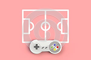 Video game console GamePad. Gaming concept. Top view retro joystick with football field isolated on pink background