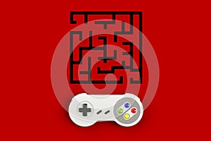 Video game console GamePad. Gaming concept. Top view retro joystick with maze isolated on red background