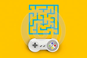 Video game console GamePad. Gaming concept. Top view retro joystick with maze isolated on yellow background