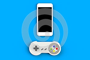 Video game console GamePad. Gaming concept. Top view retro joystick with smartphone isolated on blue background