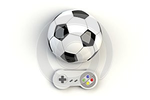 Video game console GamePad. Gaming concept. Top view retro joystick with soccer ball isolated