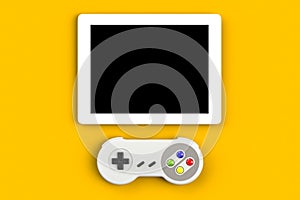 Video game console GamePad. Gaming concept. Top view retro joystick with tablet isolated on yellow background
