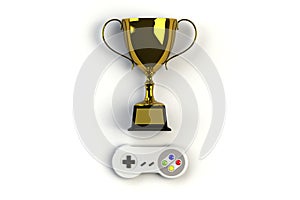 Video game console GamePad. Gaming concept. Top view retro joystick with trophy isolated on white background