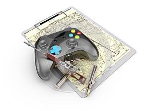 video game controller with gun on the maps, 3d Illustration
