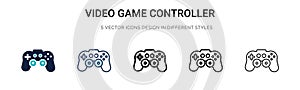 Video game controller icon in filled, thin line, outline and stroke style. Vector illustration of two colored and black video game