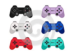 Video game controller set. Collection of six different colored joysticks.