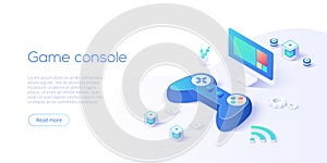 Video game controller and smart tv in isometric vector illustration. Television set with videogame console joystick connected via