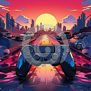 a video game controller with a sunset in the background