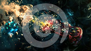 A video game controller is surrounded by a cloud of smoke and fire