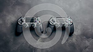 Video game controllers on grey background