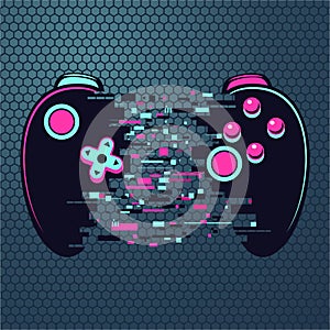 Video game gamepad with glitch effect. Cyberpunk style illustration. Virtual reality concept. Cyber sport online photo