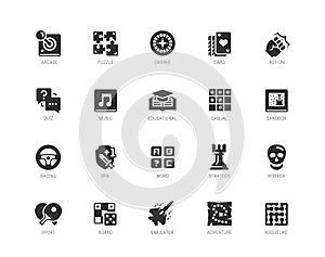 Video game genres icons in glyph style