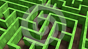 Video game geometric mosaic maze. Construction of hills landscape using brown and green grass blocks. 3D rendering illustration