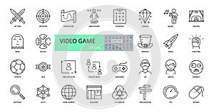 Video game icons. Set of images with editable stroke. Browser and downloadable games for computers and consoles. Action, strategy