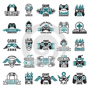 Video game labels. Gaming console cybersport logo joystick controller symbols of entertainment club vector collection