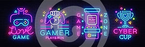 Video Game neon sign collection vector. Conceptual Logos, Love Game, Gamer logo, Game Zone, Cyber sport Emblem in Modern